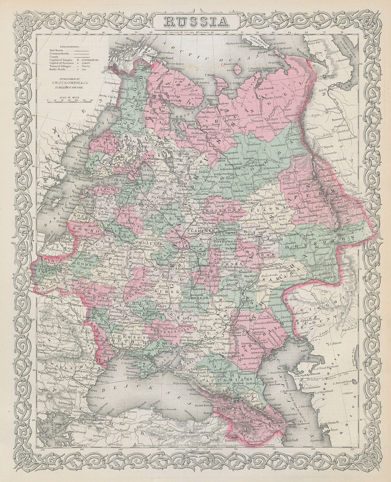 European Russia. Decorative antique map. COLTON 1869 old chart
